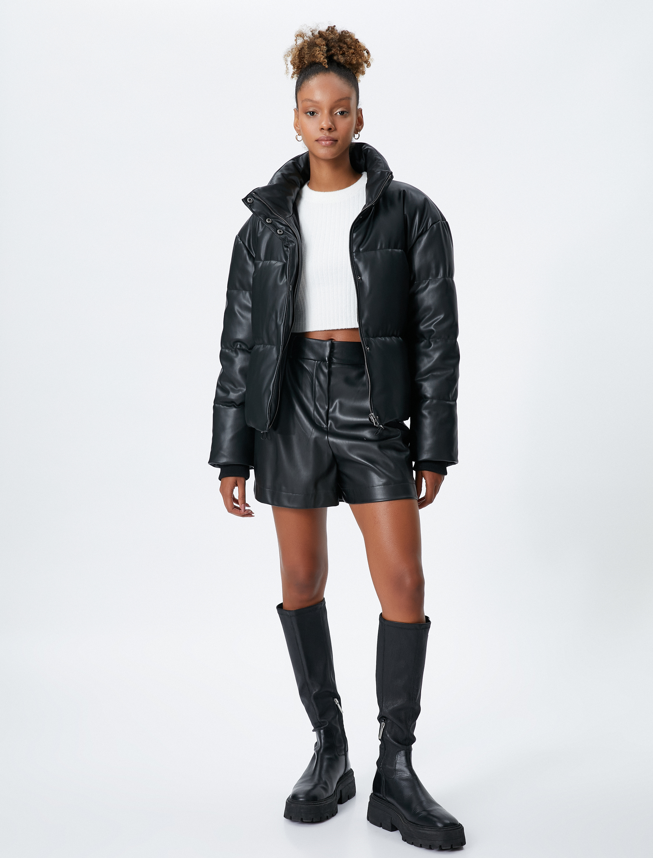   Şişme Mont Deri Görünümlü Dik Yaka Fermuar ve Çıtçıt Kapamalı Cepli