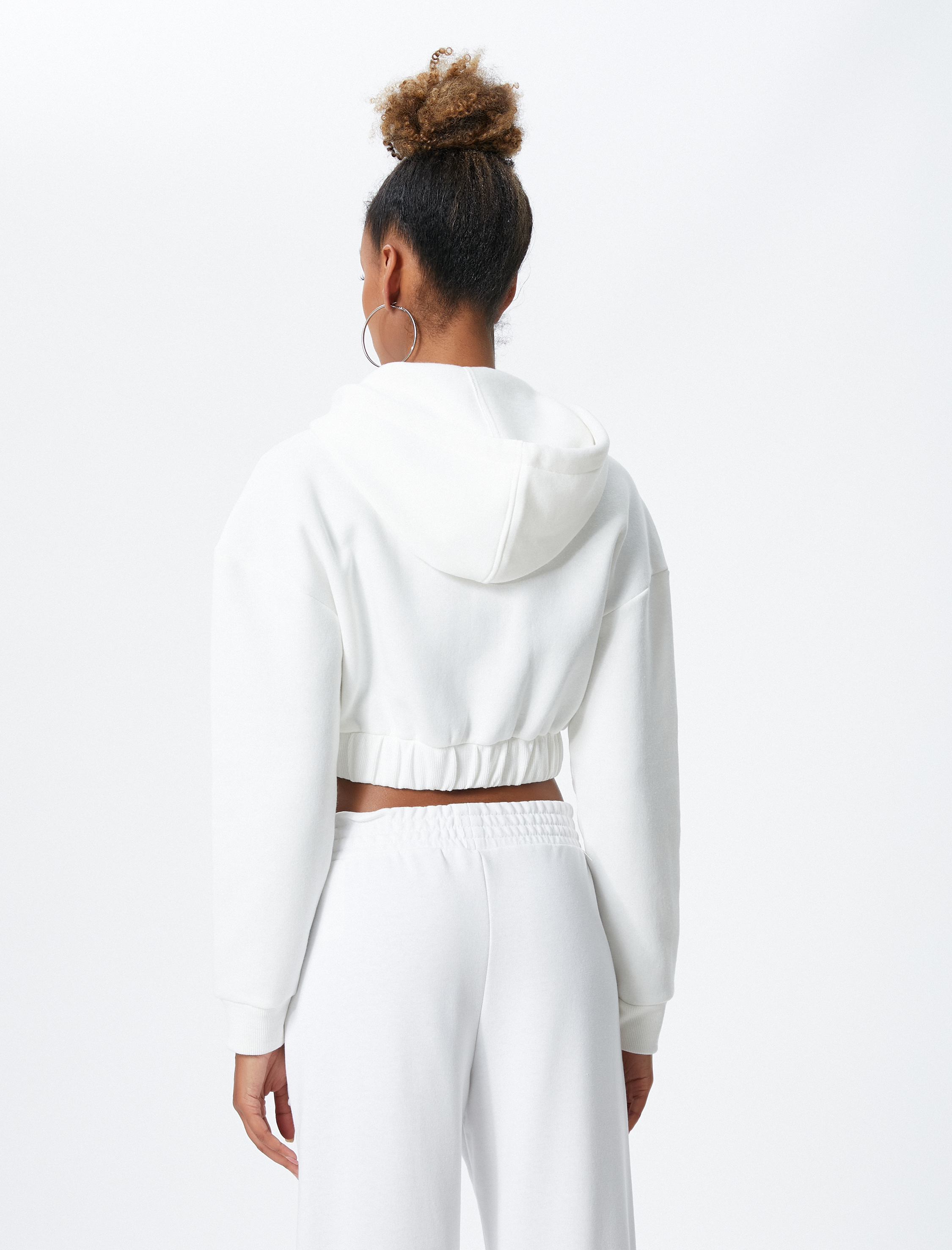   Şardonlu Crop Sweatshirt Fermuarlı Kapüşonlu Uzun Kollu