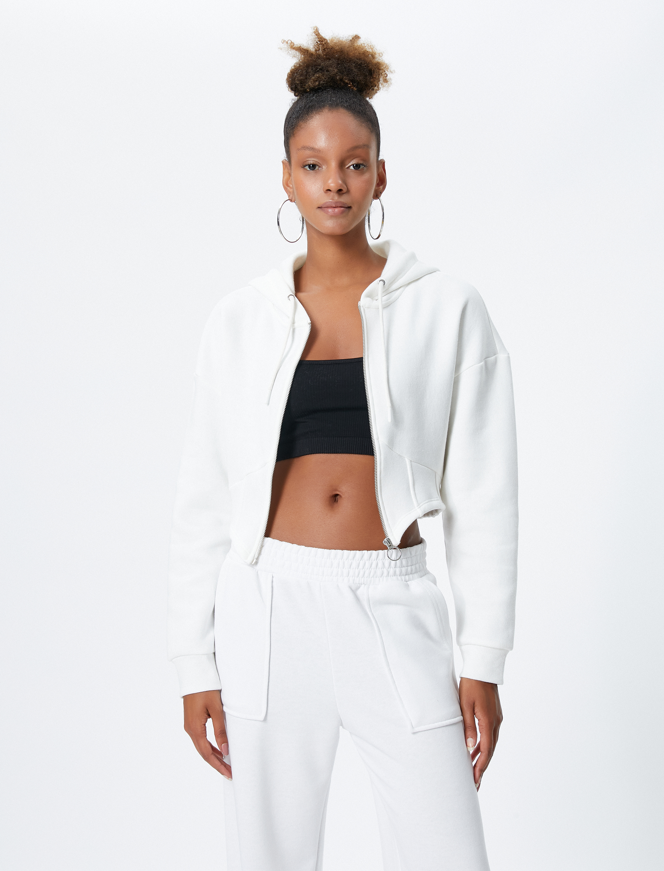   Şardonlu Crop Sweatshirt Fermuarlı Kapüşonlu Uzun Kollu