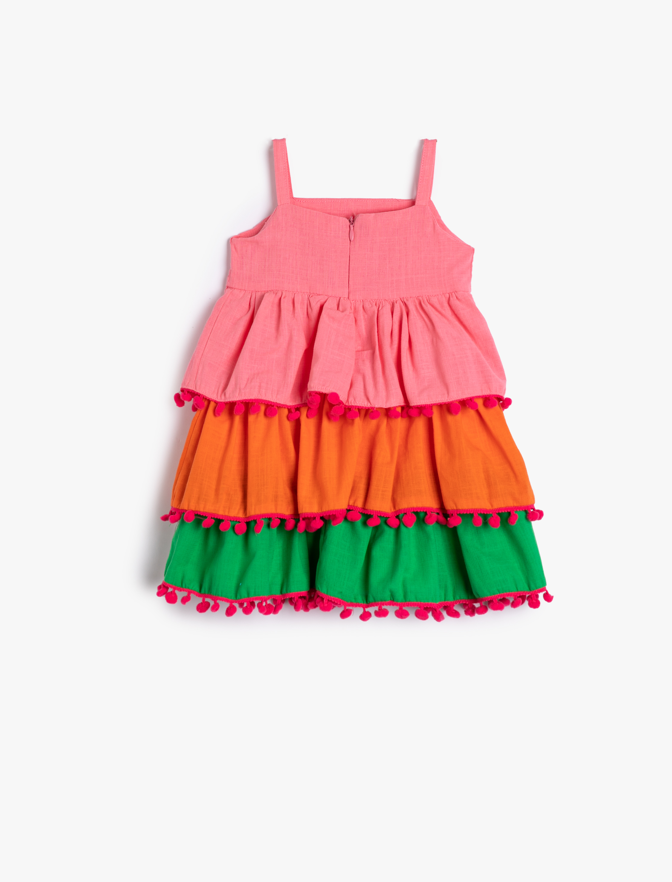  Kız Bebek Elbise Renk Bloklu Katlı Askılı Ponpon Detaylı Pamuklu