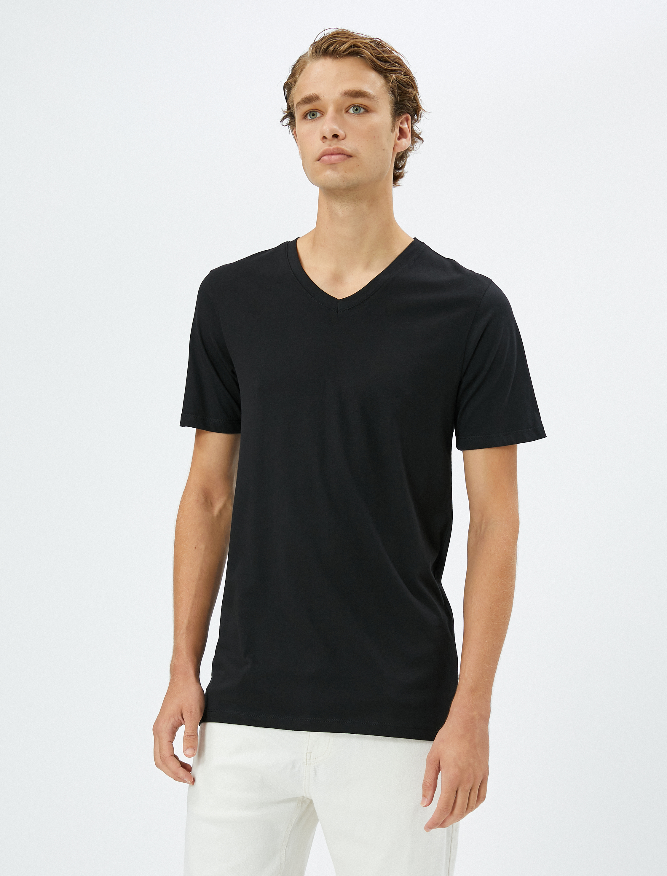   V Yaka Tişört Basic Kısa Kollu Pamuklu
