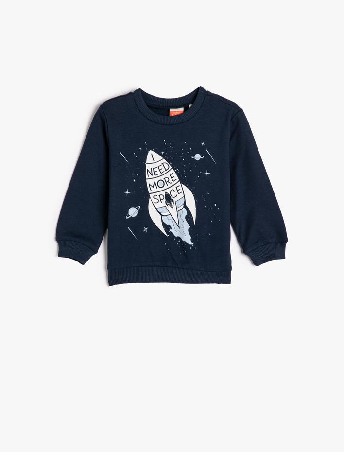 Erkek Bebek Sweatshirt Şardonlu Pamuklu Uzun Kollu Bisiklet Yaka Uzay Temalı Baskılı