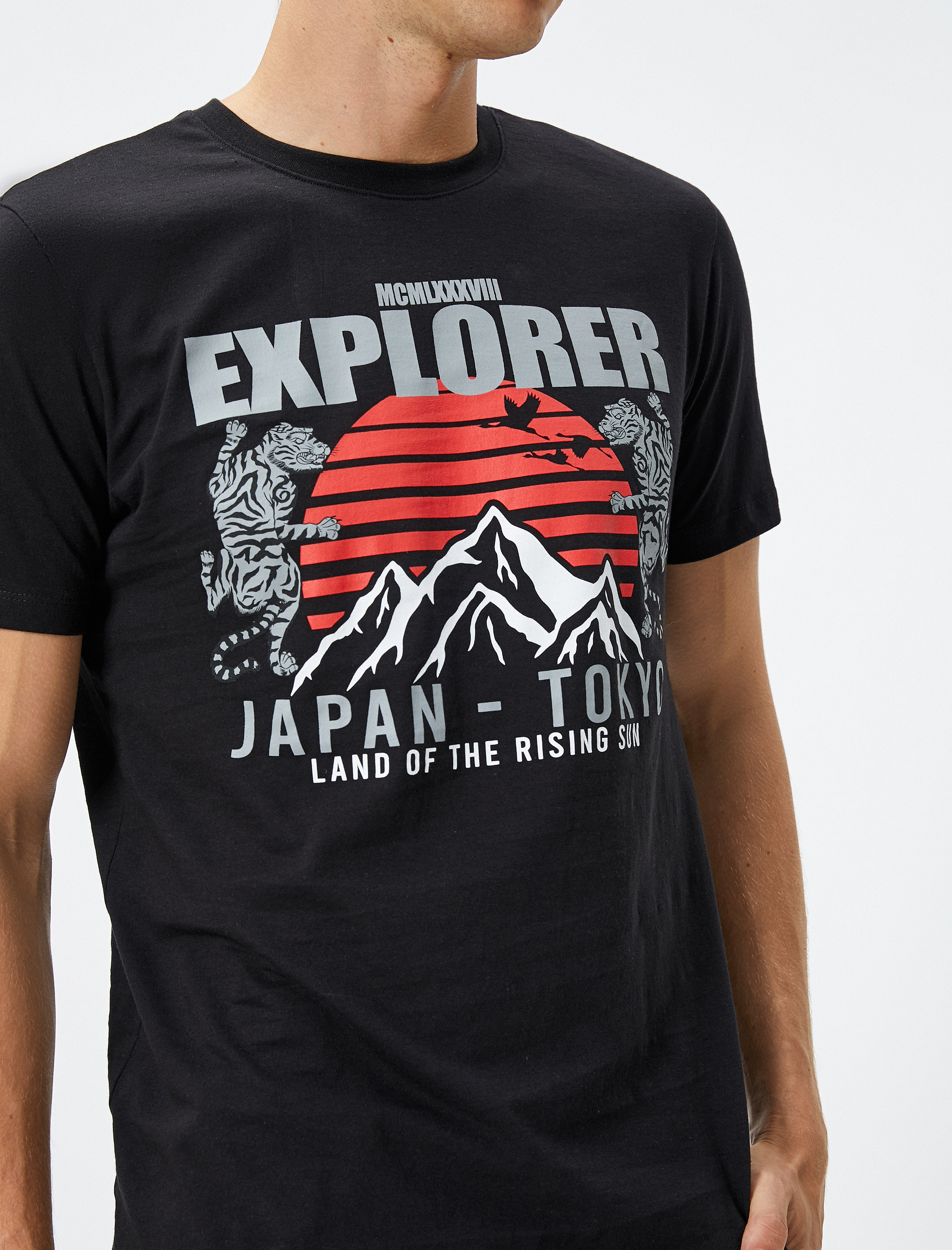   Uzakdoğu Baskılı Tişört Bisiklet Yaka Kısa Kollu Pamuklu