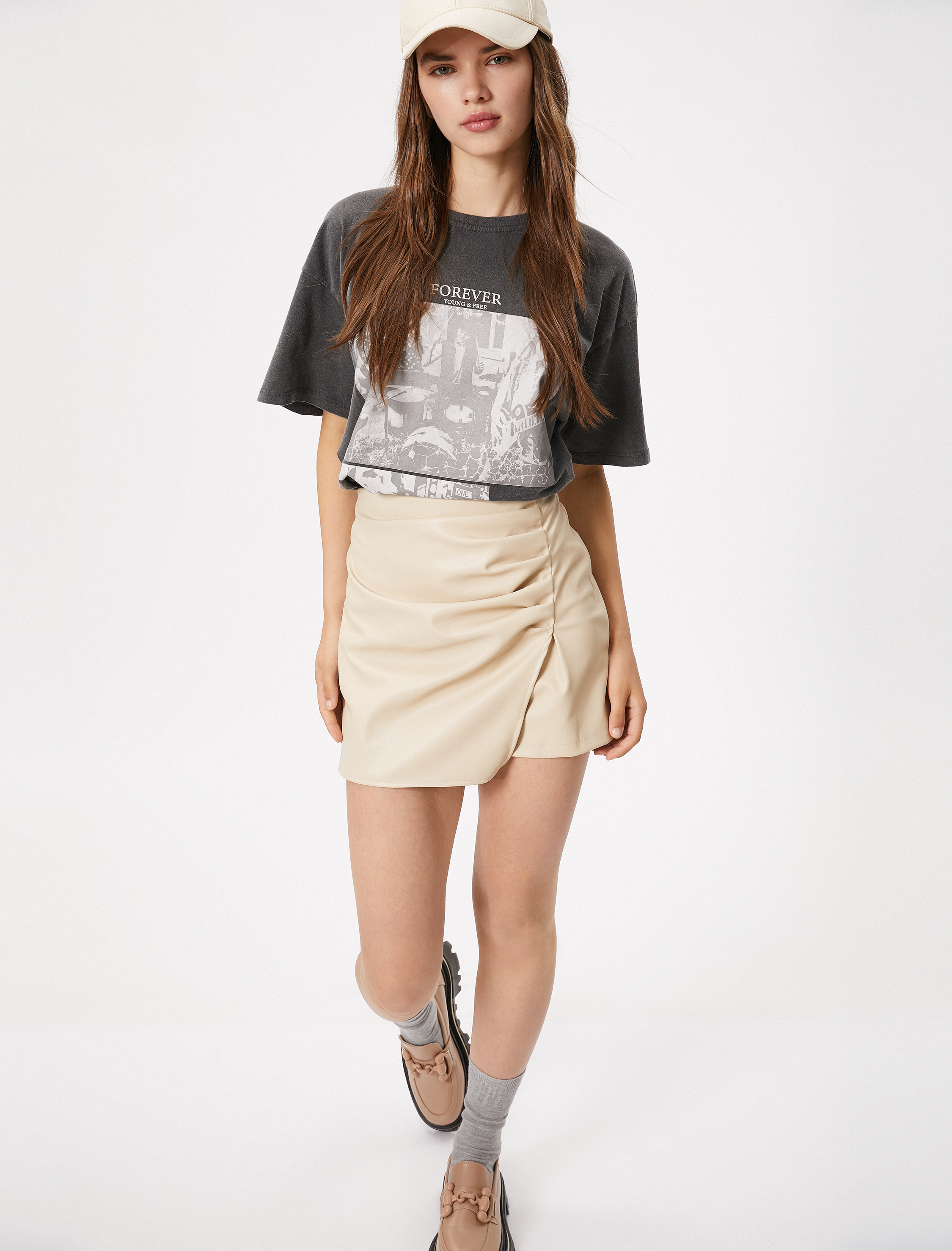 Oversize Tişört Slogan Baskılı Yıkamalı Bisiklet Yaka Kısa Kollu