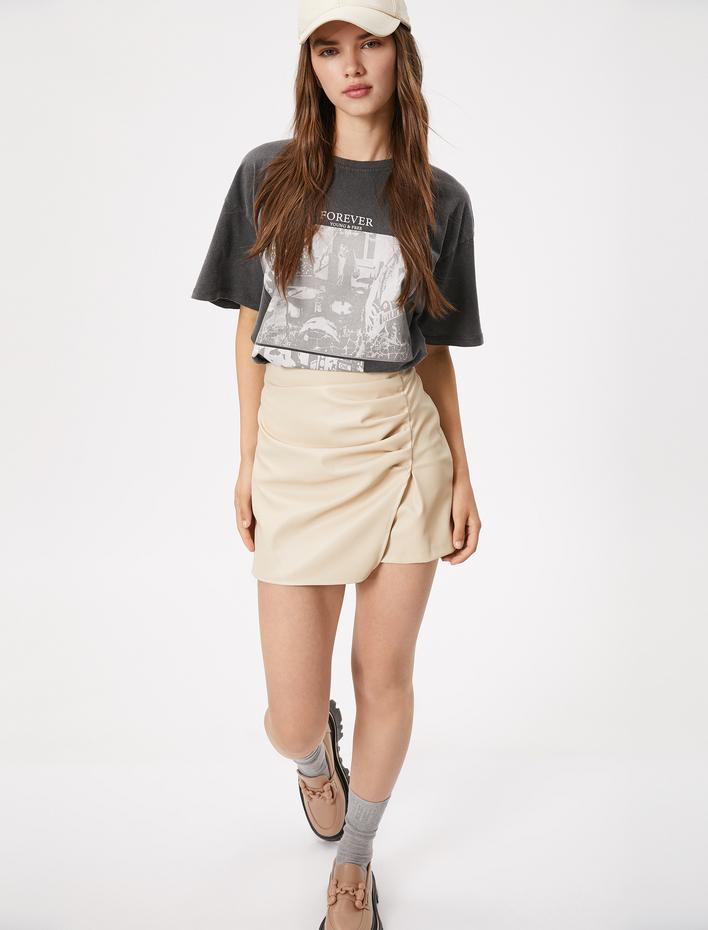  Oversize Tişört Slogan Baskılı Yıkamalı Bisiklet Yaka Kısa Kollu