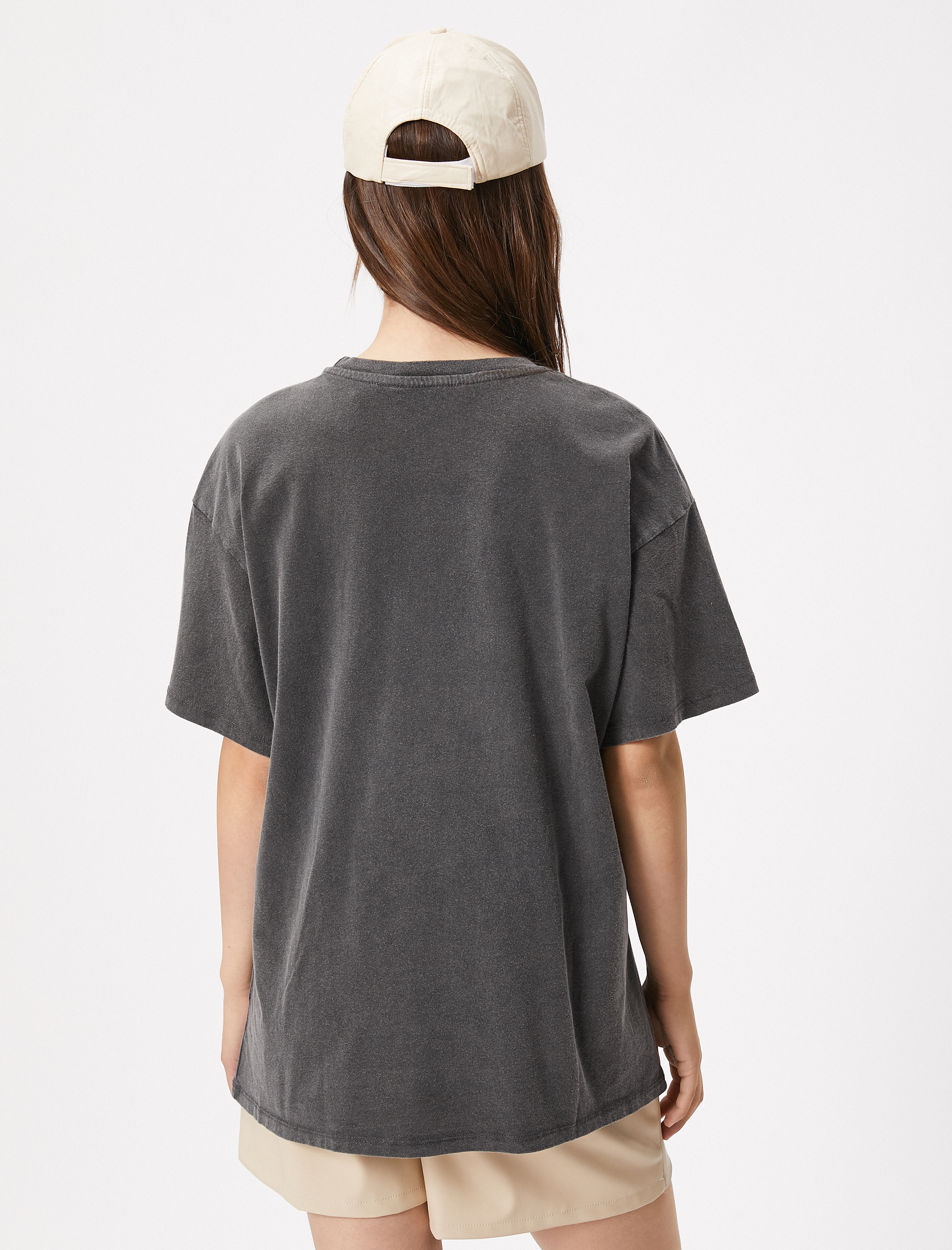 Oversize Tişört Slogan Baskılı Yıkamalı Bisiklet Yaka Kısa Kollu