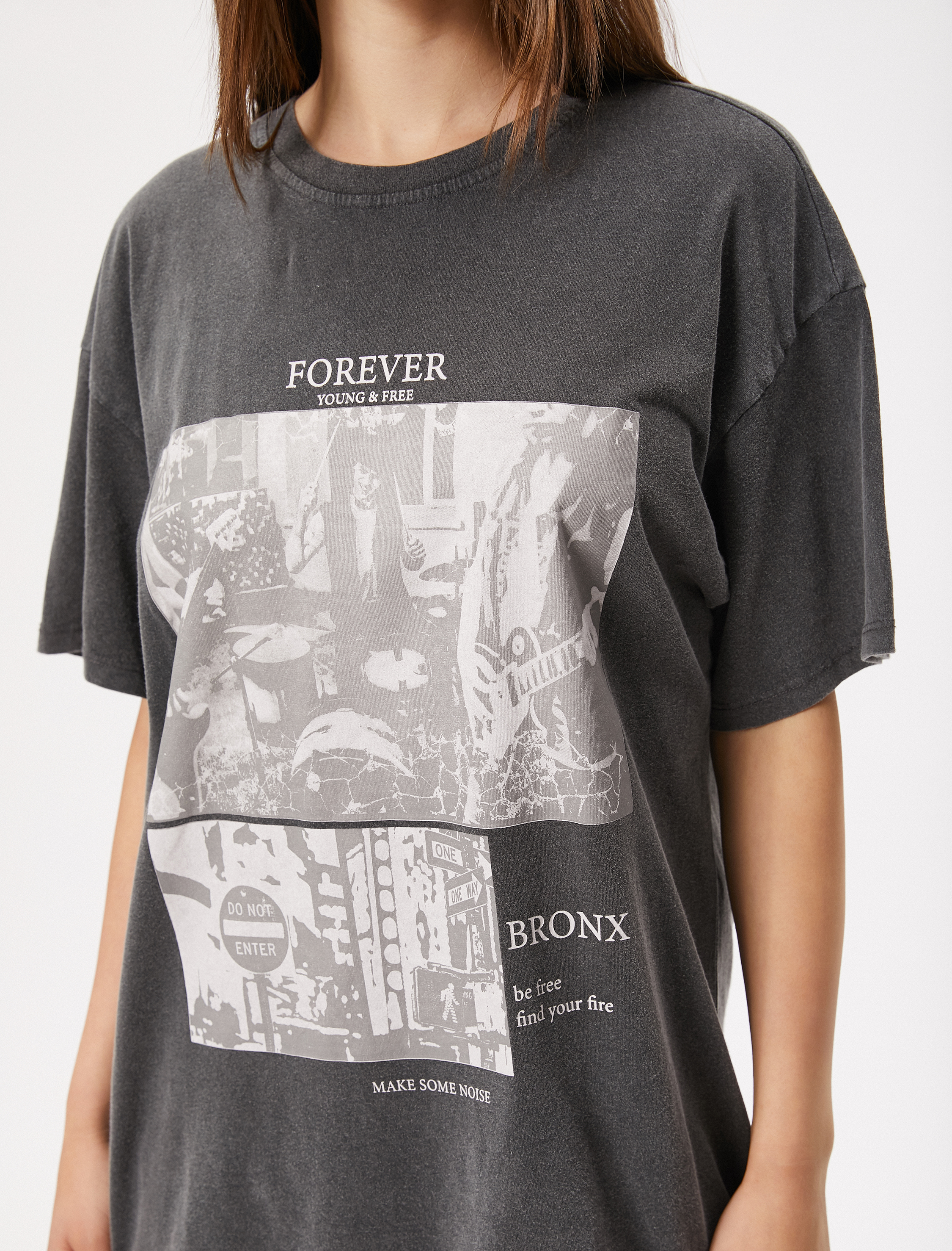 Oversize Tişört Slogan Baskılı Yıkamalı Bisiklet Yaka Kısa Kollu