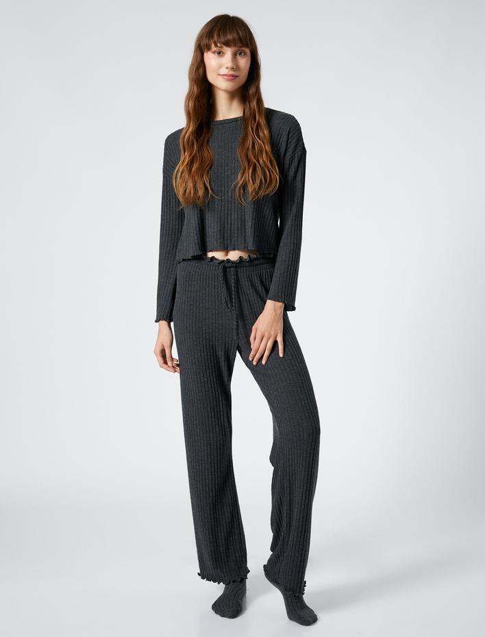  Uzun Kollu Pijama Üstü Bisiklet Yaka Fırfırlı Fitilli