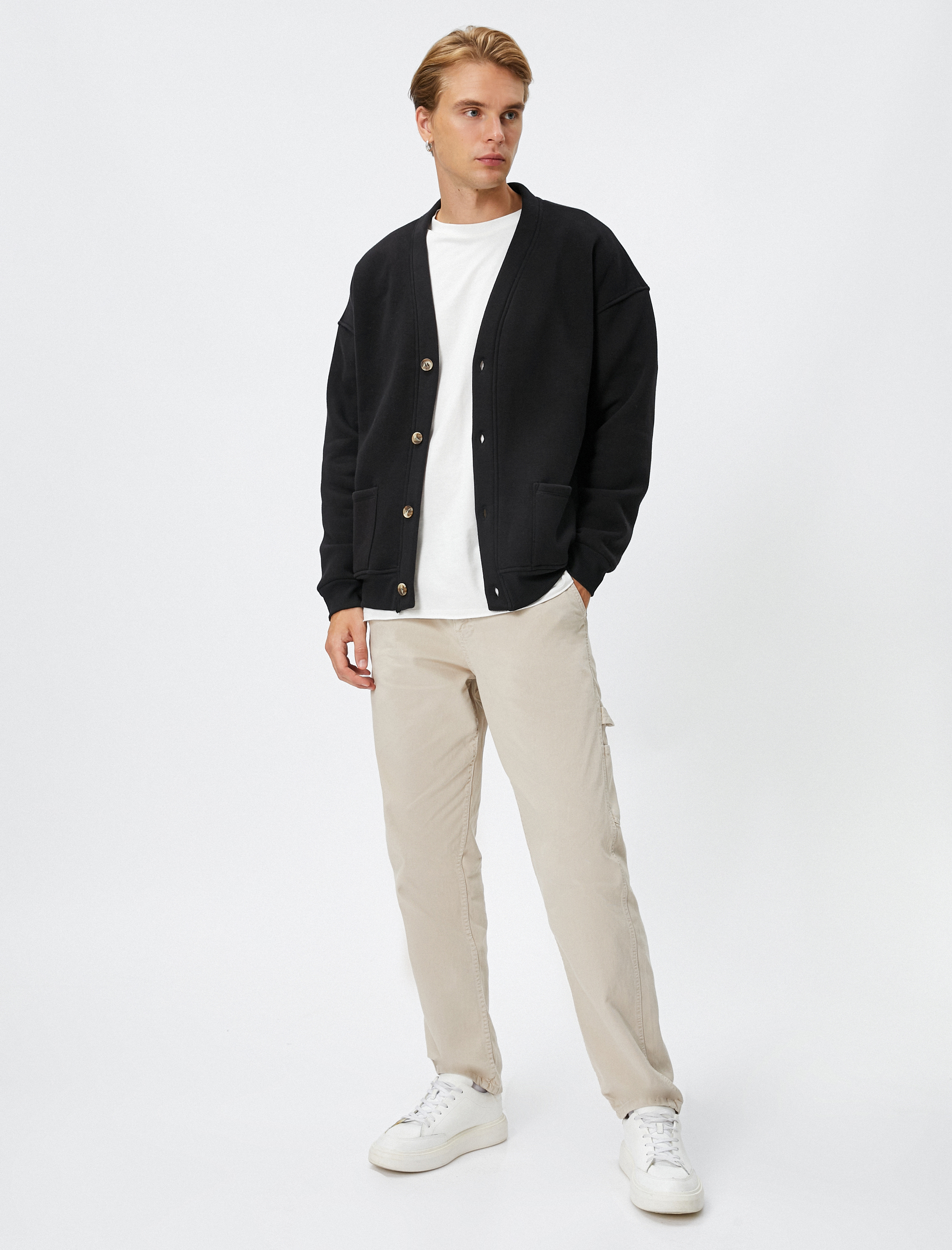 V Yaka Ceket Cep Detaylı Düğmeli Şardonlu