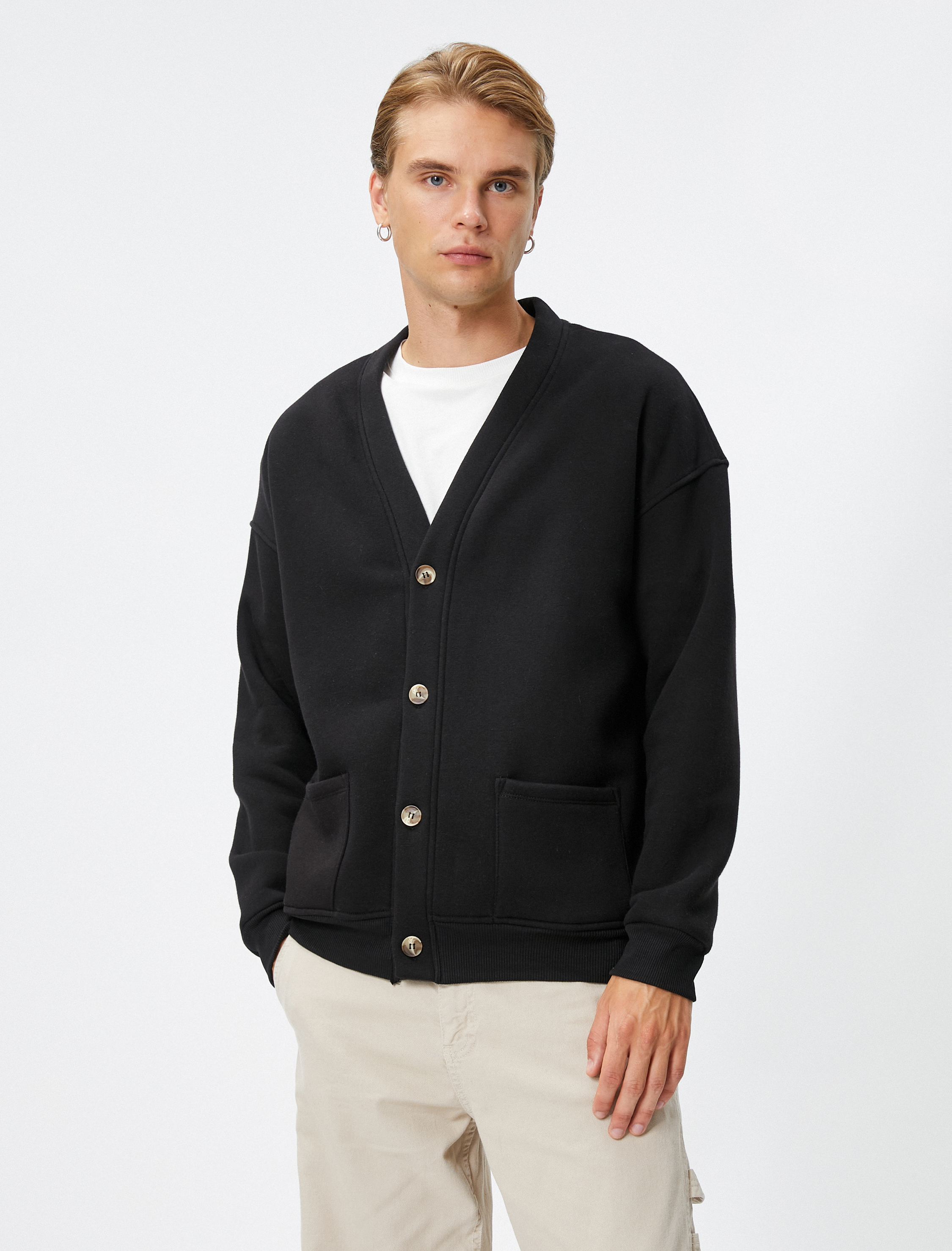 V Yaka Ceket Cep Detaylı Düğmeli Şardonlu