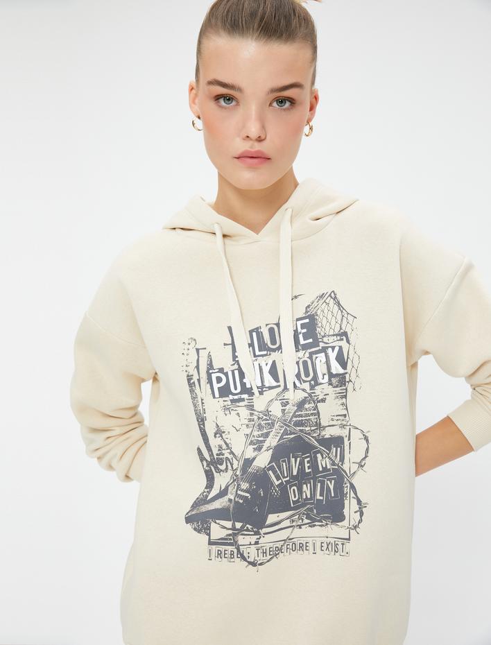  Şardonlu Kapüşonlu Sweatshirt Slogan Baskılı Rahat Kesim Uzun Kollu