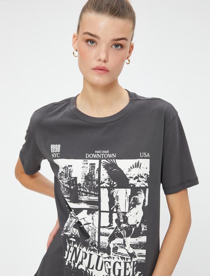  Baskılı Tişört Rahat Kesim Bisiklet Yaka Kısa Kollu