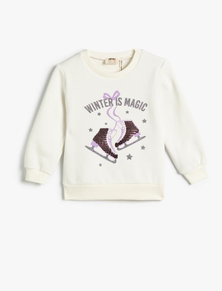 Kız Çocuk Sweatshirt Buz Pateni Pul Payet İşlemeli Simli Şardonlu Pamuklu