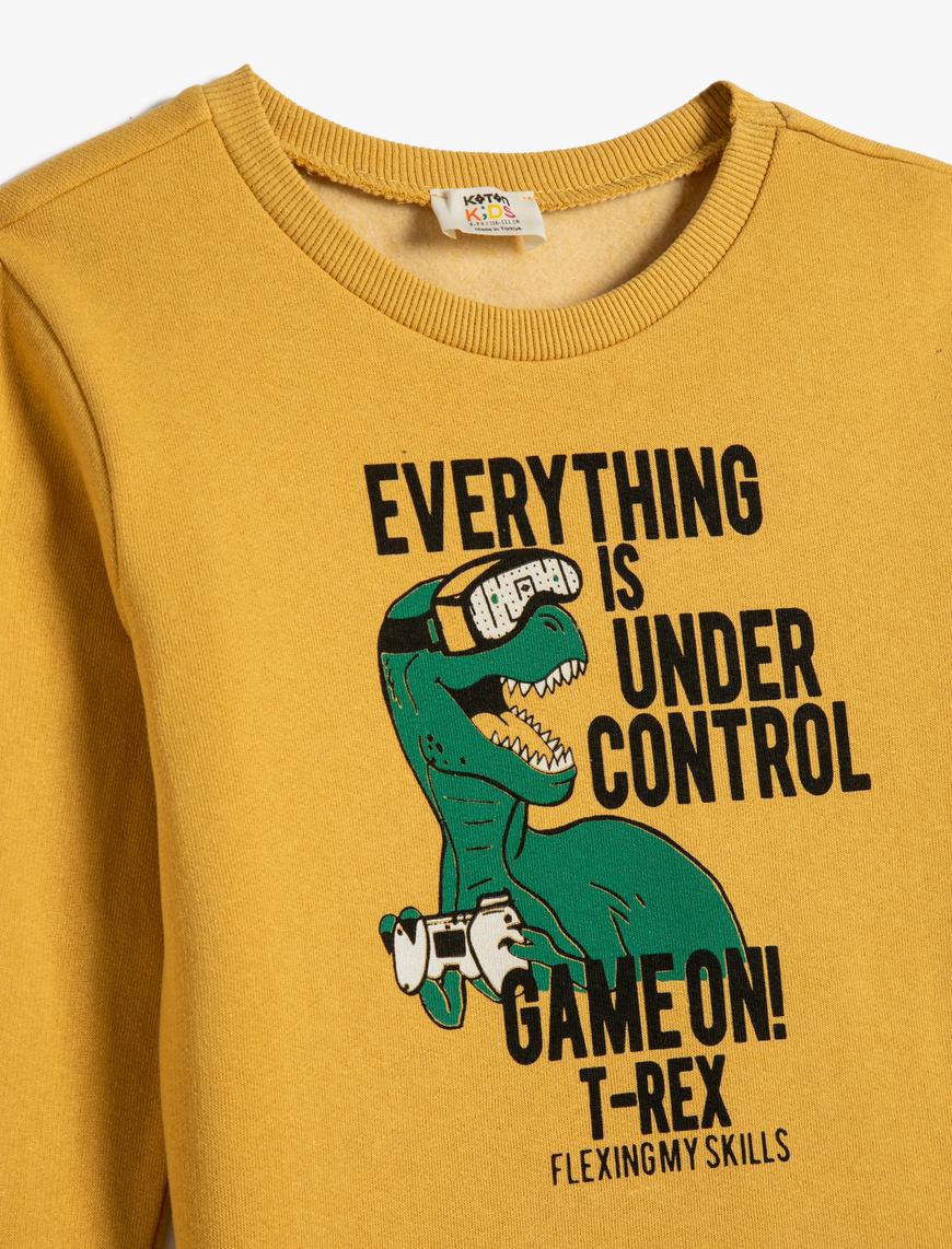  Erkek Çocuk Dinozor Baskılı Sweatshirt Lisanslı Şardonlu Uzun Kollu Bisiklet Yaka Baskılı Pamuklu