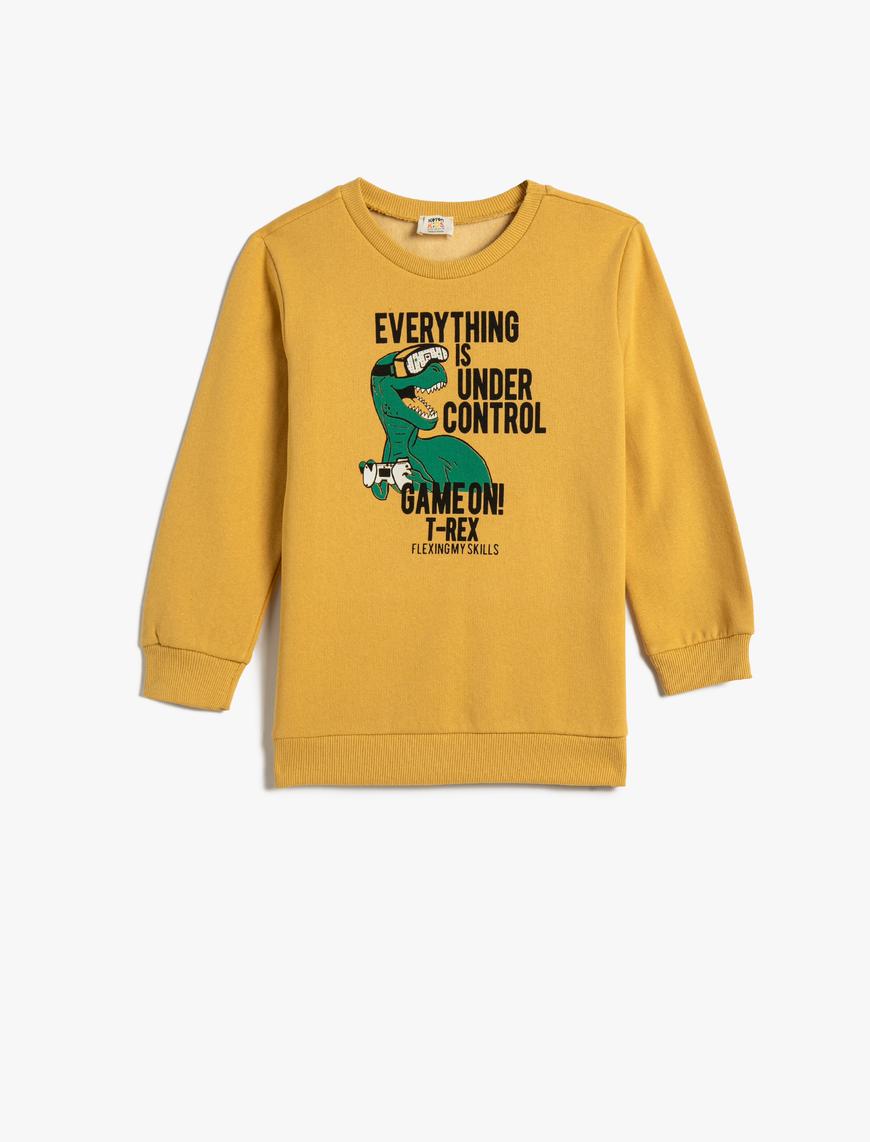  Erkek Çocuk Dinozor Baskılı Sweatshirt Lisanslı Şardonlu Uzun Kollu Bisiklet Yaka Baskılı Pamuklu