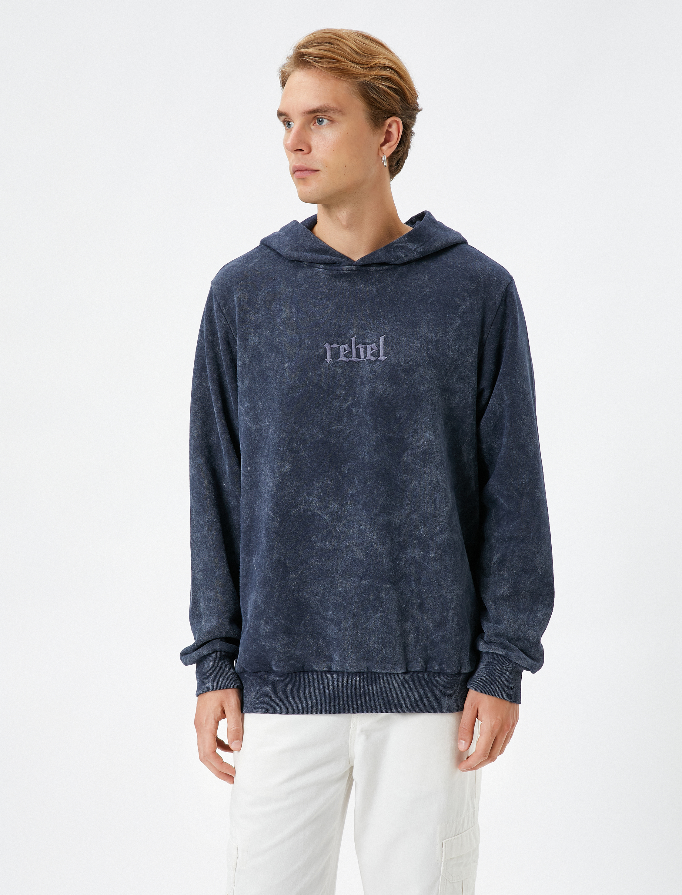   Kapşonlu Sweatshirt Yıkamalı Slogan İşlemeli Ribanalı Şardonlu