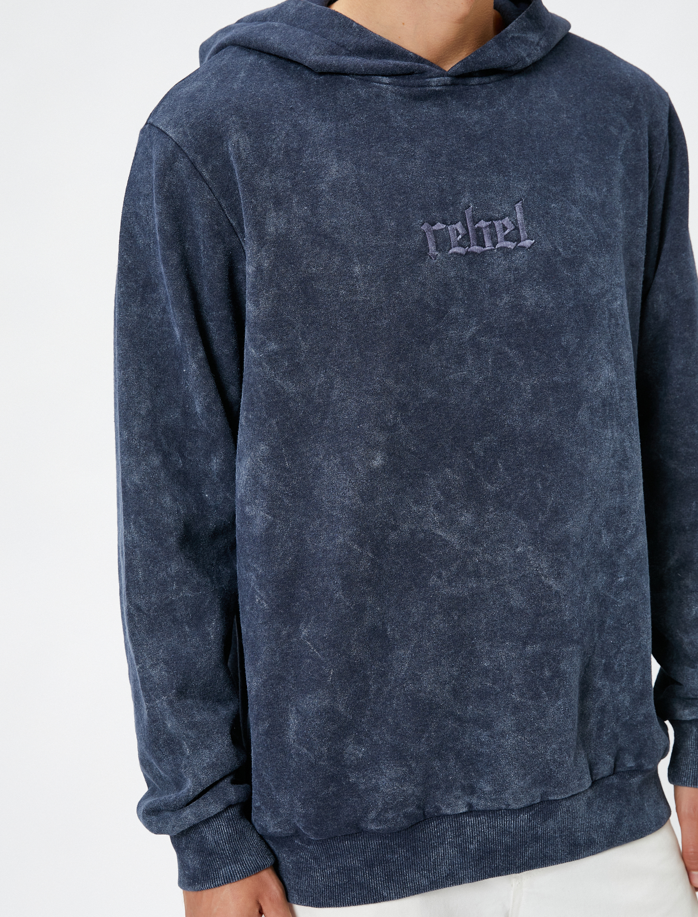   Kapşonlu Sweatshirt Yıkamalı Slogan İşlemeli Ribanalı Şardonlu