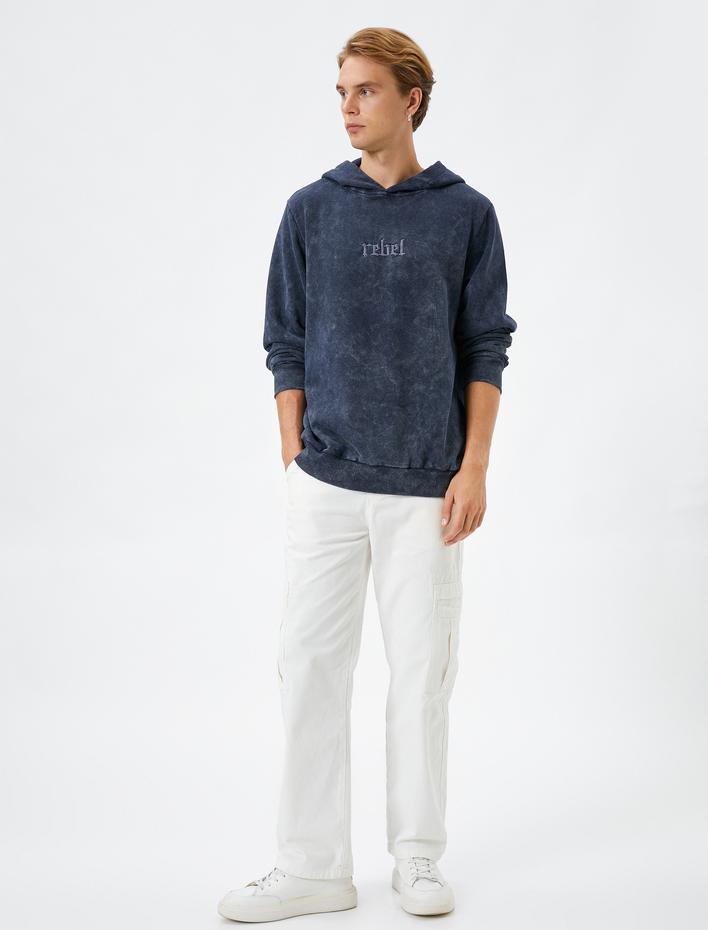  Kapşonlu Sweatshirt Yıkamalı Slogan İşlemeli Ribanalı Şardonlu