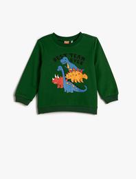 Dinozor Baskılı Sweatshirt Uzun Kollu Bisiklet Yaka Şardonlu Pamuklu