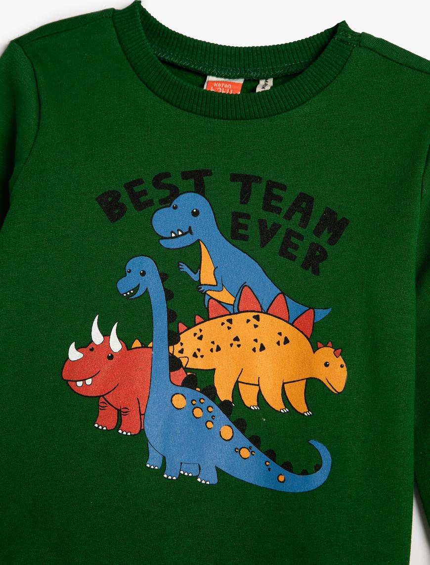  Erkek Bebek Dinozor Baskılı Sweatshirt Uzun Kollu Bisiklet Yaka Şardonlu Pamuklu