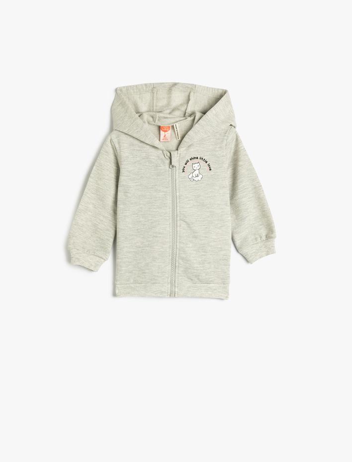 Kız Bebek Kapşonlu Sweatshirt Fermuarlı Uzun Kollu Baskı Detaylı Şardonlu