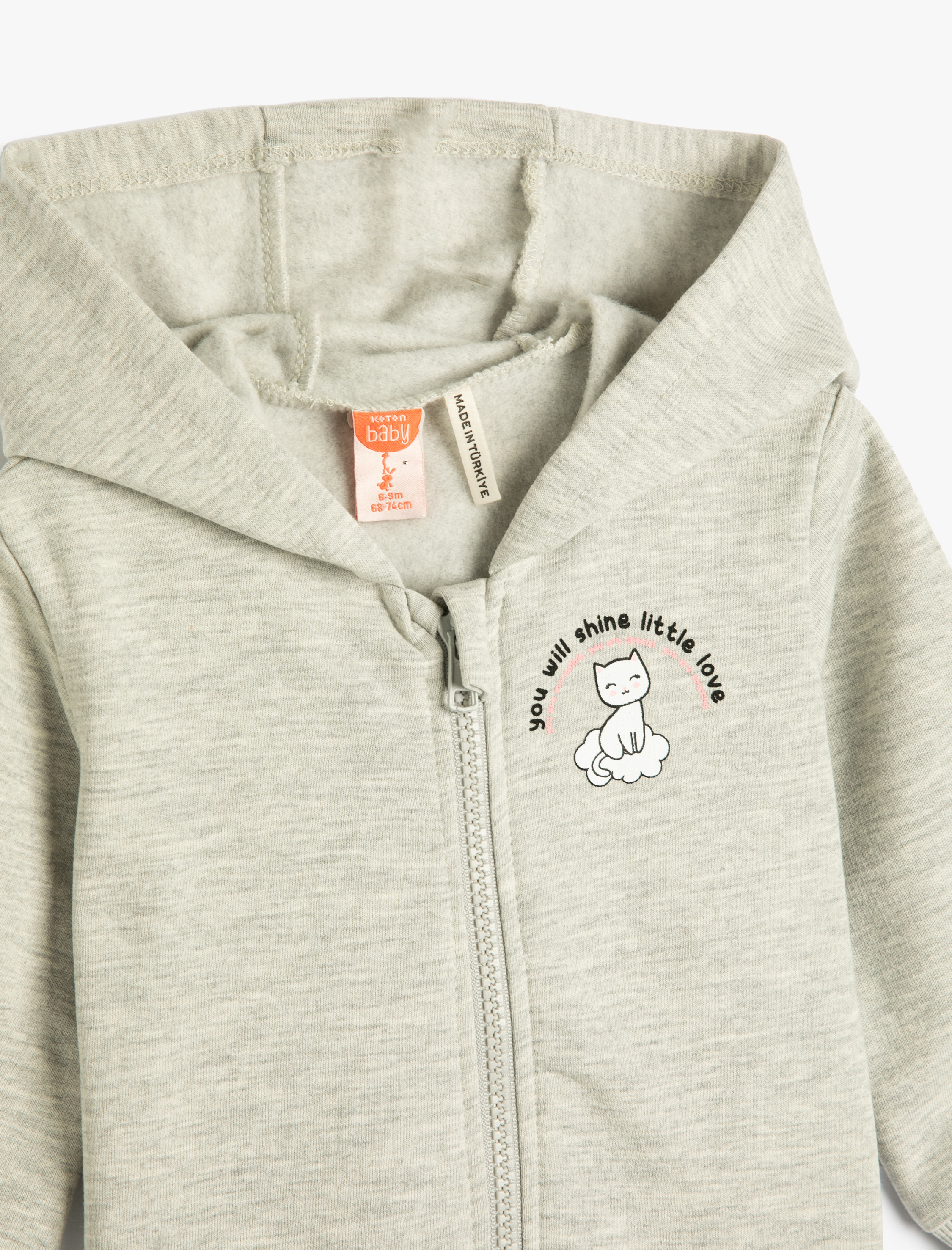 Kız Bebek Kapşonlu Sweatshirt Fermuarlı Uzun Kollu Baskı Detaylı Şardonlu
