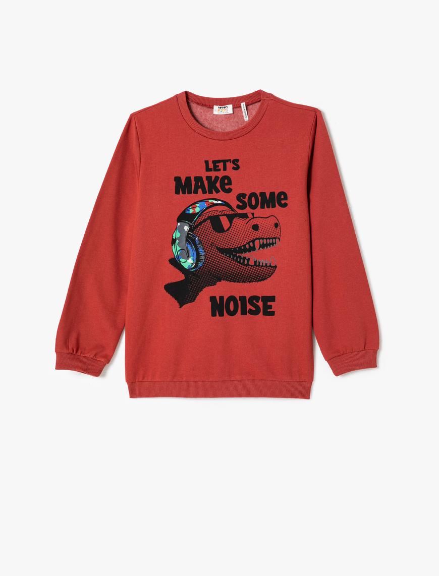  Erkek Çocuk Dinozor Baskılı Sweatshirt Uzun Kollu Bisiklet Yaka Şardonlu