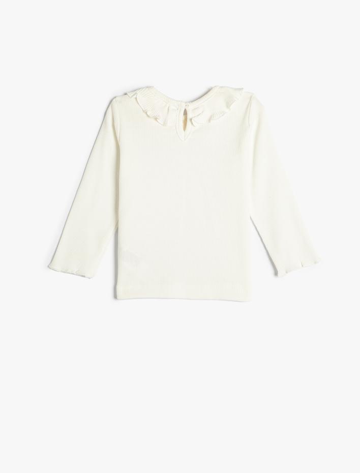 Kız Bebek Basic Tişört Uzun Kollu Fırfır Detaylı Bisiklet Yaka Pamuklu