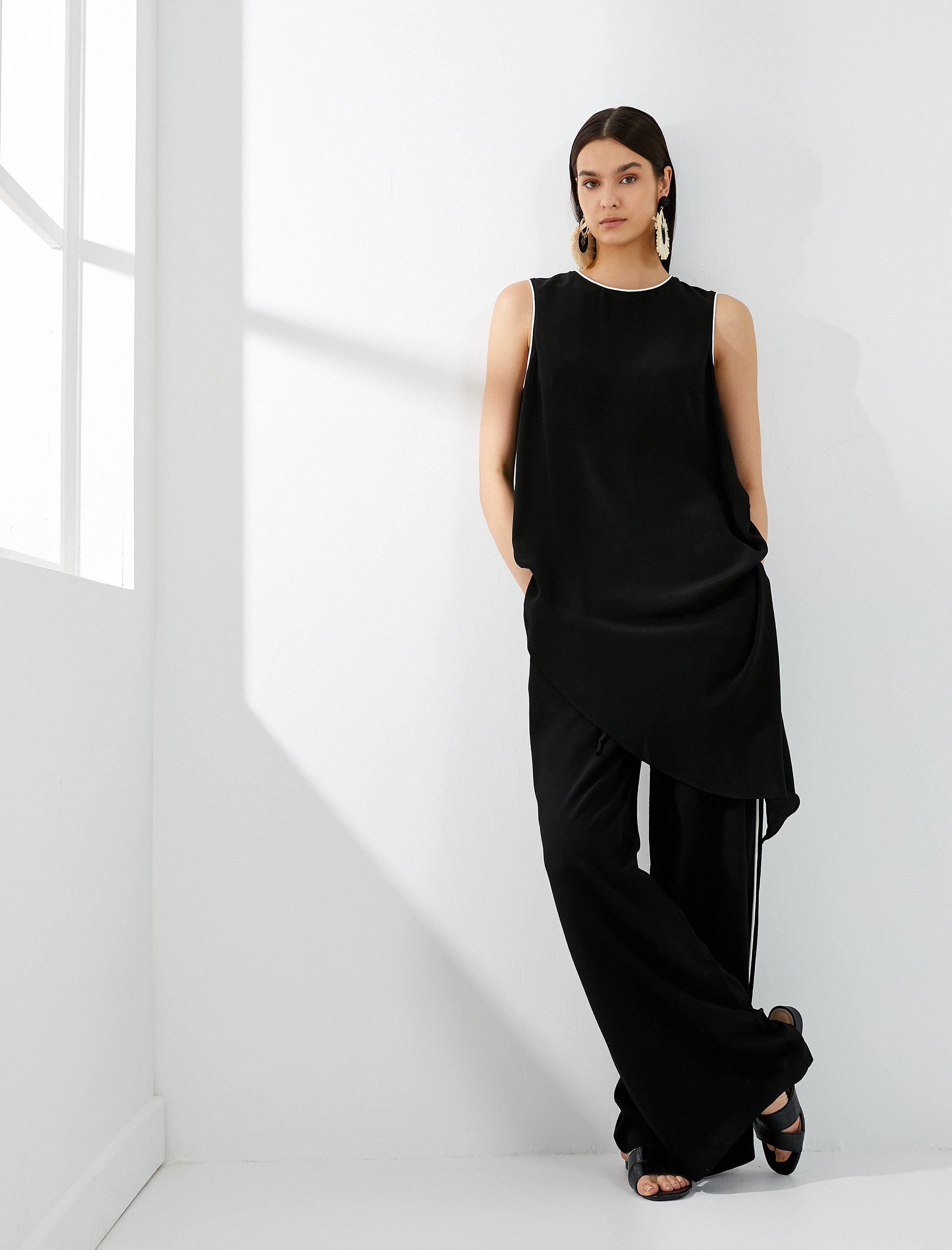   Bol Paça Pantolon Cepli Yüksek Bel Viskon Şerit Detaylı