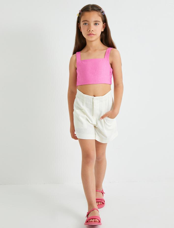 Kız Çocuk Crop Keten Bluz Askılı Arkası Pencere Detaylı Gipeli