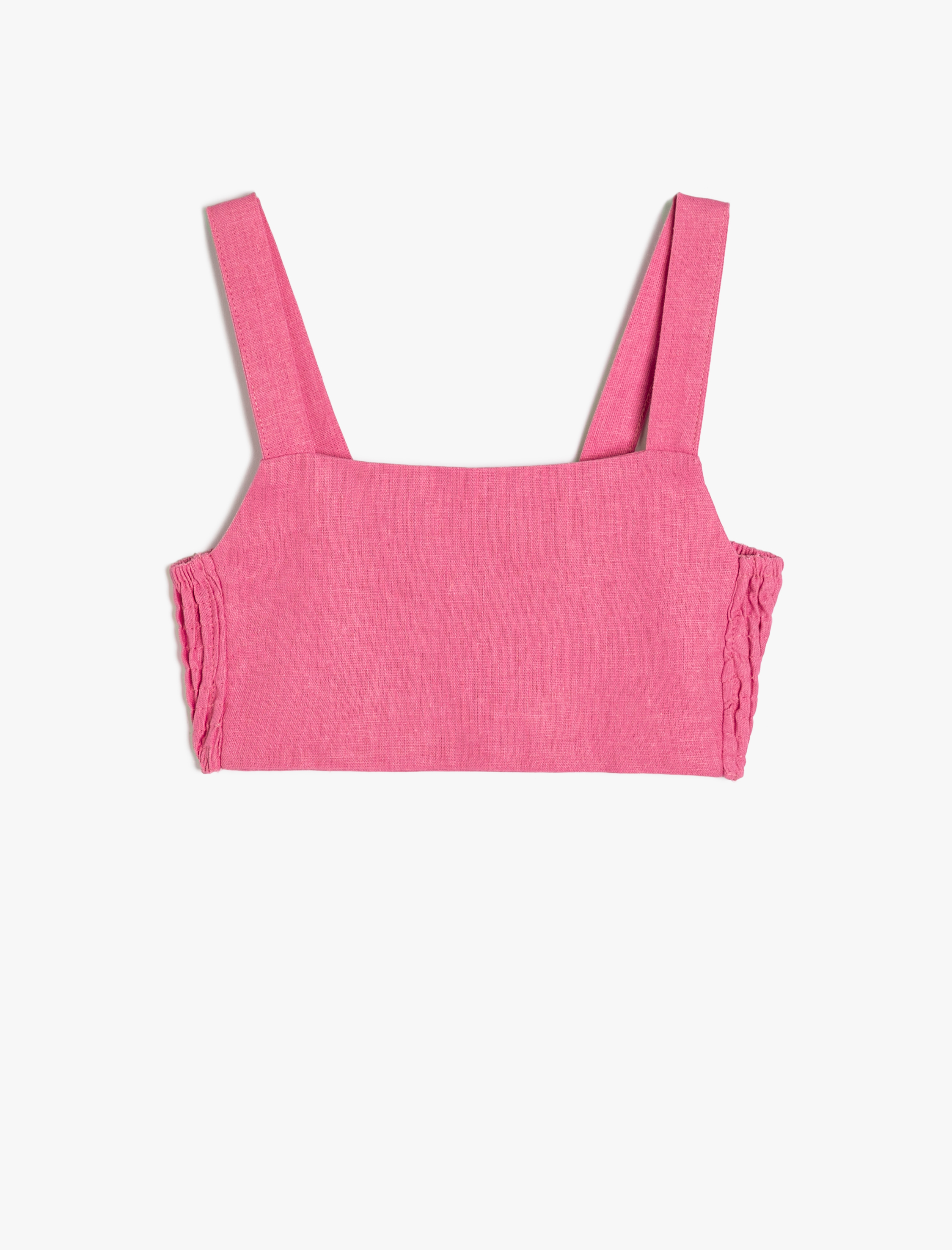  Kız Çocuk Crop Keten Bluz Askılı Arkası Pencere Detaylı Gipeli