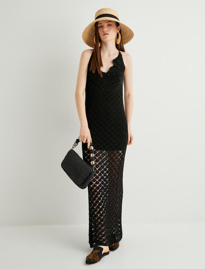  Kroşe Midi Elbise V Yaka Askılı Çiçek Aplikeli