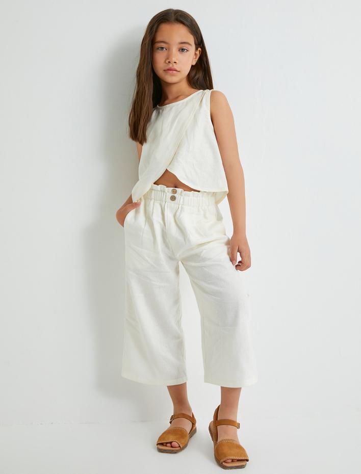 Kız Çocuk Keten Pantolon Beli Lastikli Düğme Detaylı