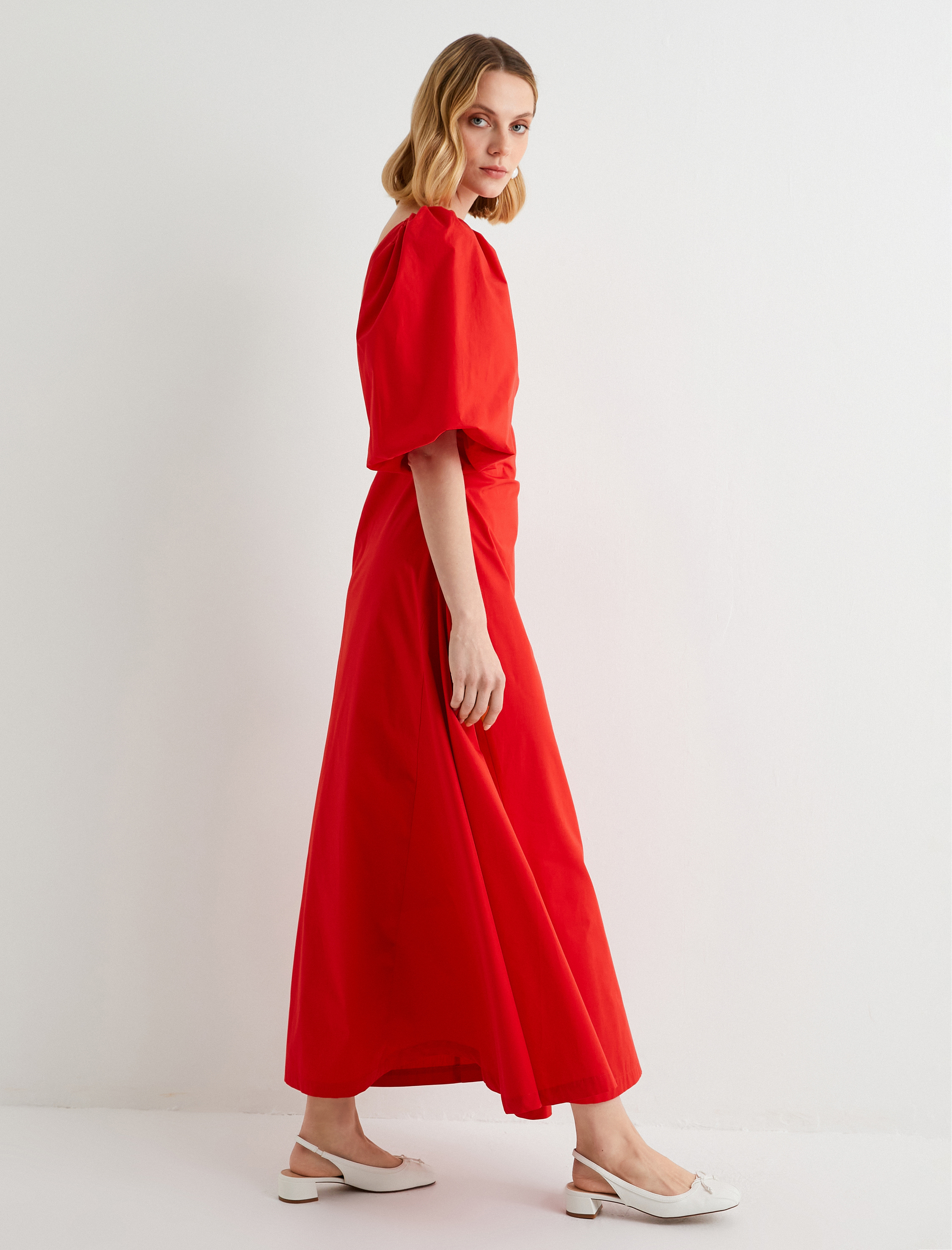   Tek Omuz Balon Kollu Midi Elbise