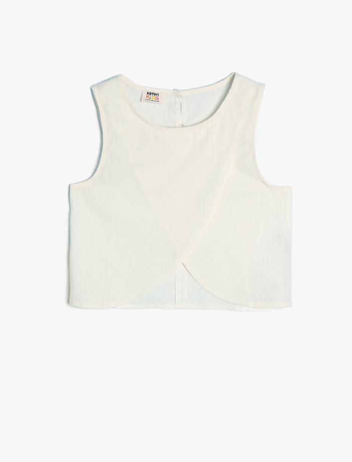 Kız Çocuk Keten Bluz Asimetrik Kesim Yuvarlak Yaka