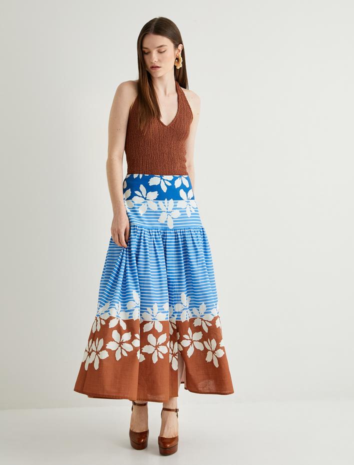  Floral Midi Balon Etek A Kesim Çok Renkli Pamuklu Astarlı