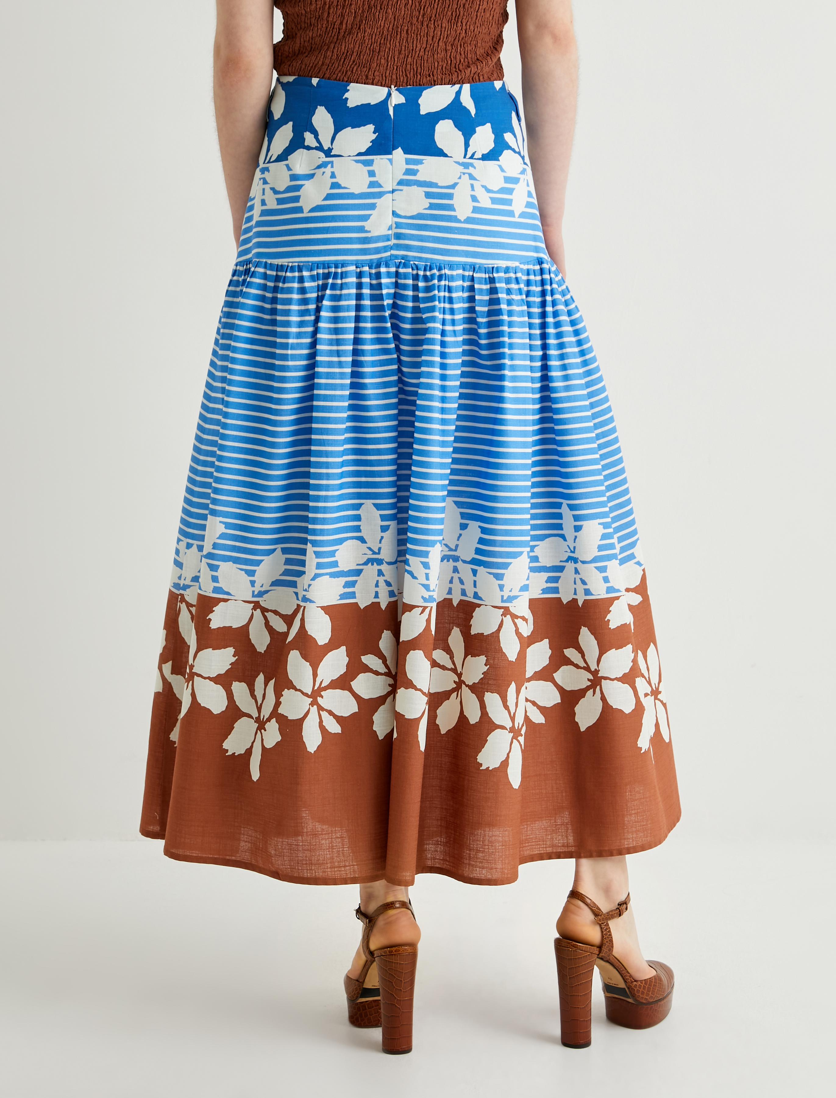   Floral Midi Balon Etek A Kesim Çok Renkli Pamuklu Astarlı