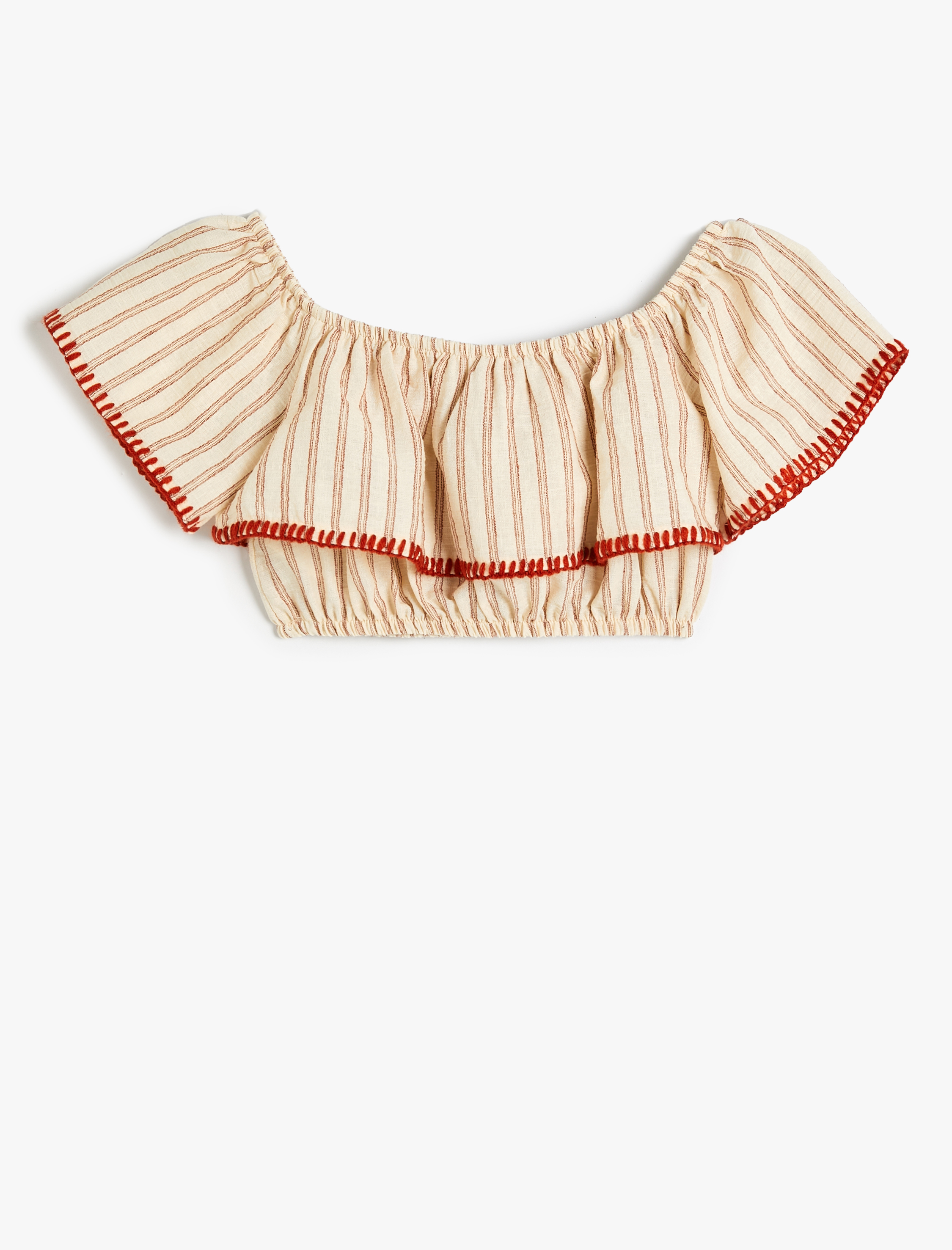  Kız Çocuk Crop Bluz Açık Omuz Katlı Volanlı İşleme Detaylı