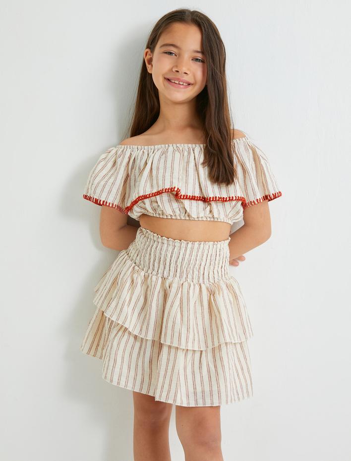 Kız Çocuk Crop Bluz Açık Omuz Katlı Volanlı İşleme Detaylı