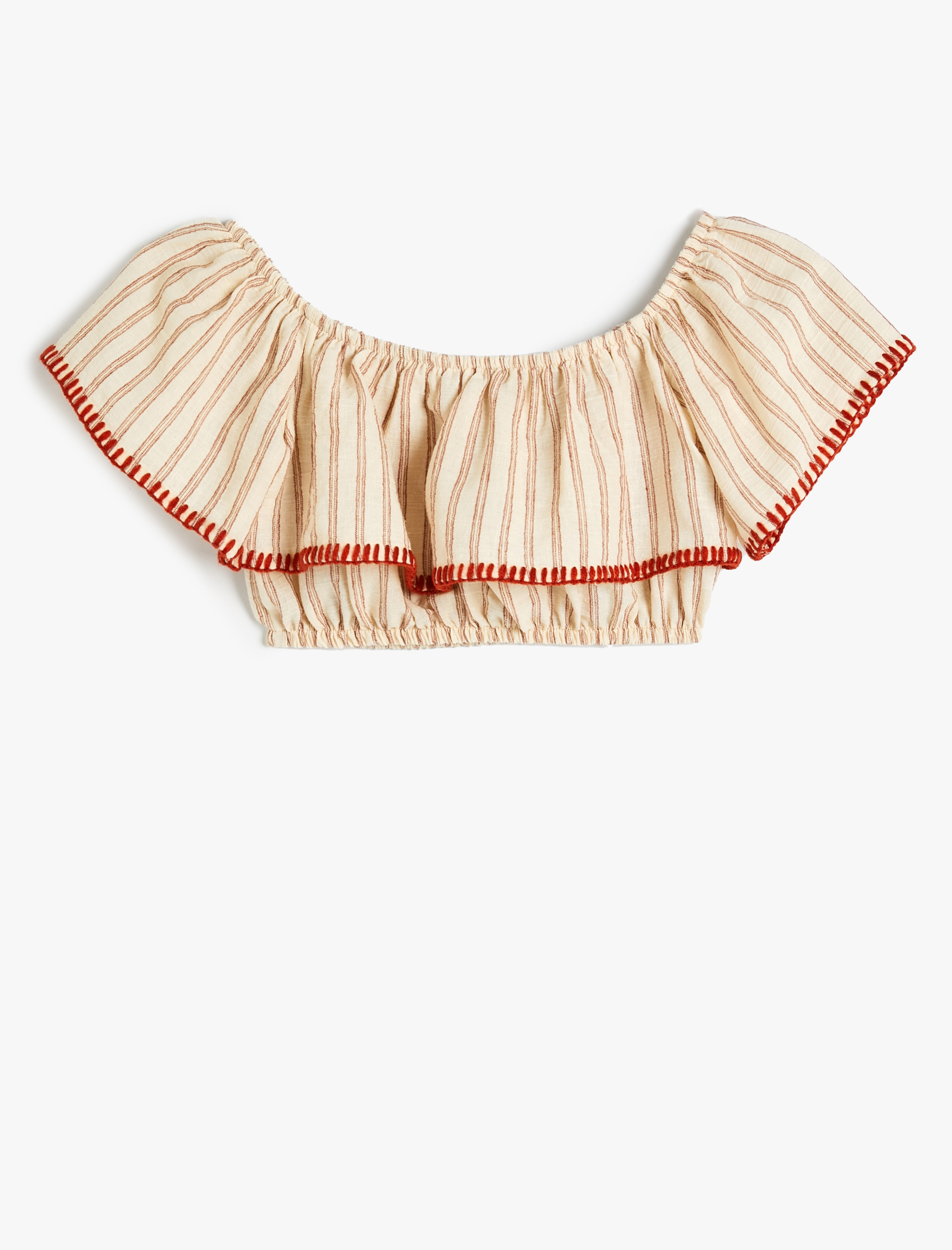  Kız Çocuk Crop Bluz Açık Omuz Katlı Volanlı İşleme Detaylı