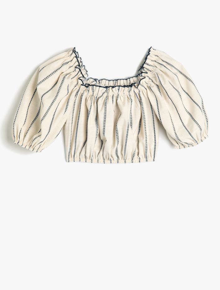 Kız Çocuk Crop Bluz Balon Kollu Fırfır Detaylı Pamuklu