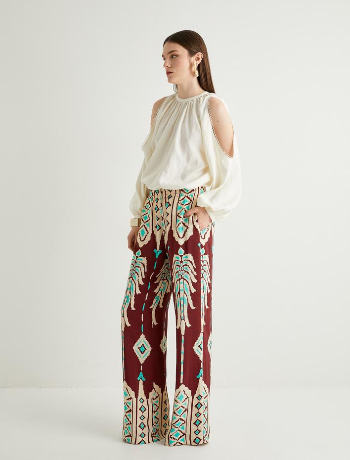  Koton X Melis Ağazat - Etnik Desenli Geniş Paça Pantolon Cepli Viskoz Kumaş
