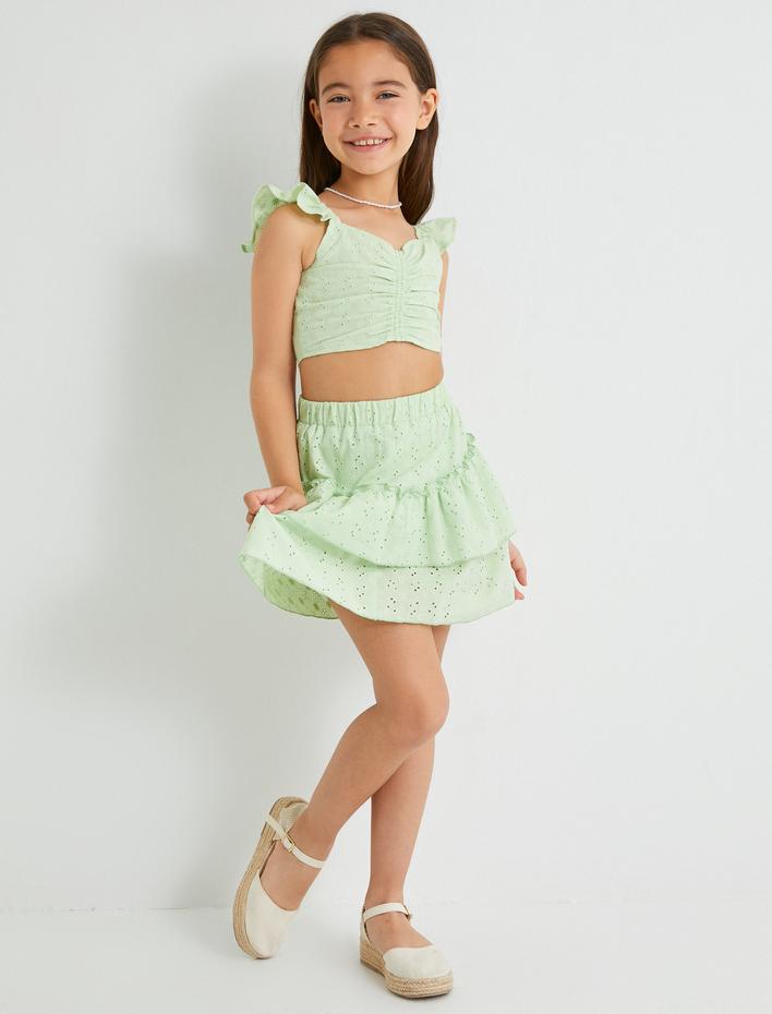 Kız Çocuk Crop Bluz Askılı Fistolu Büzgü Detaylı Fırfırlı