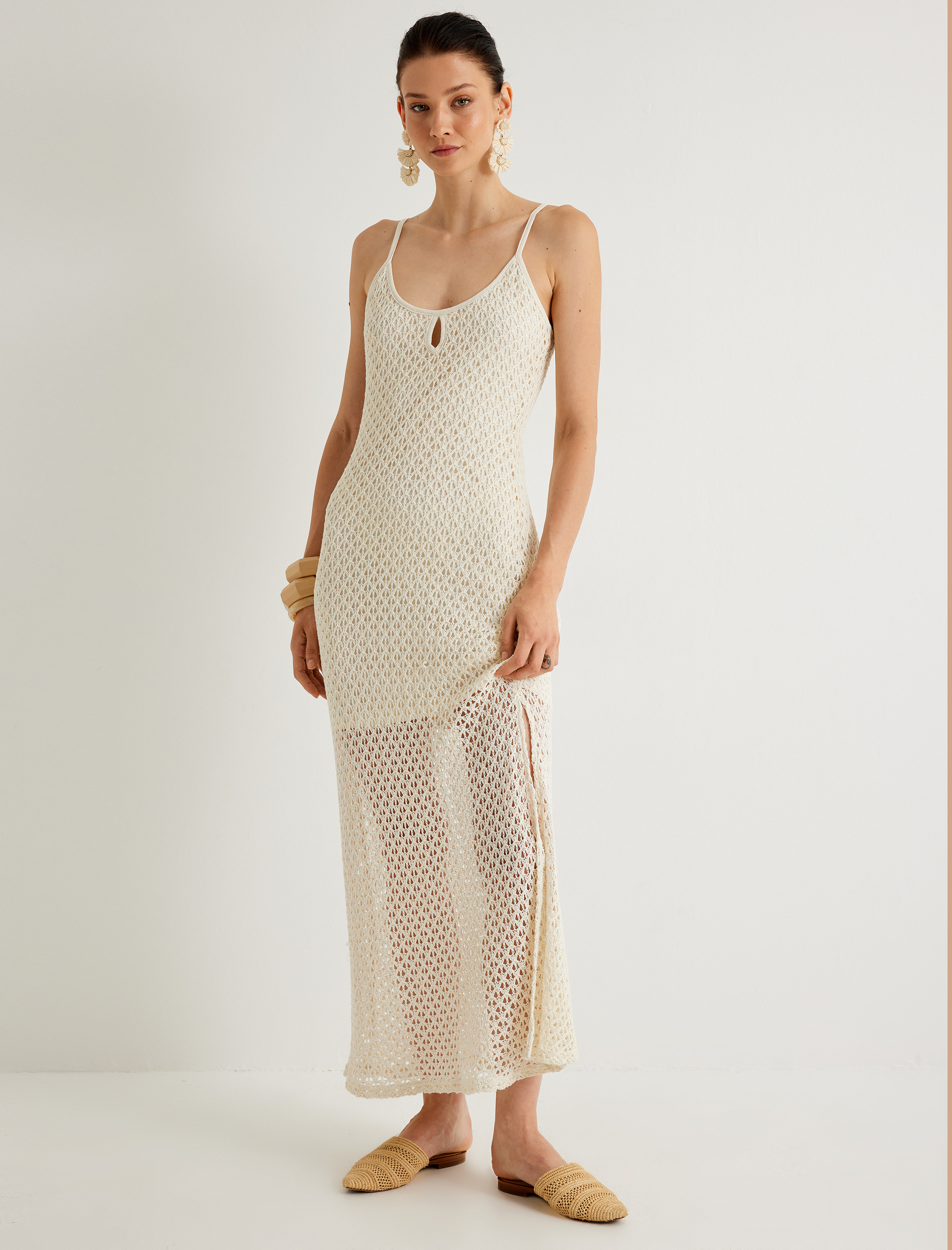   Koton X Melis Ağazat - Uzun Kroşe Elbise Astarlı İnce Askılı Fileli