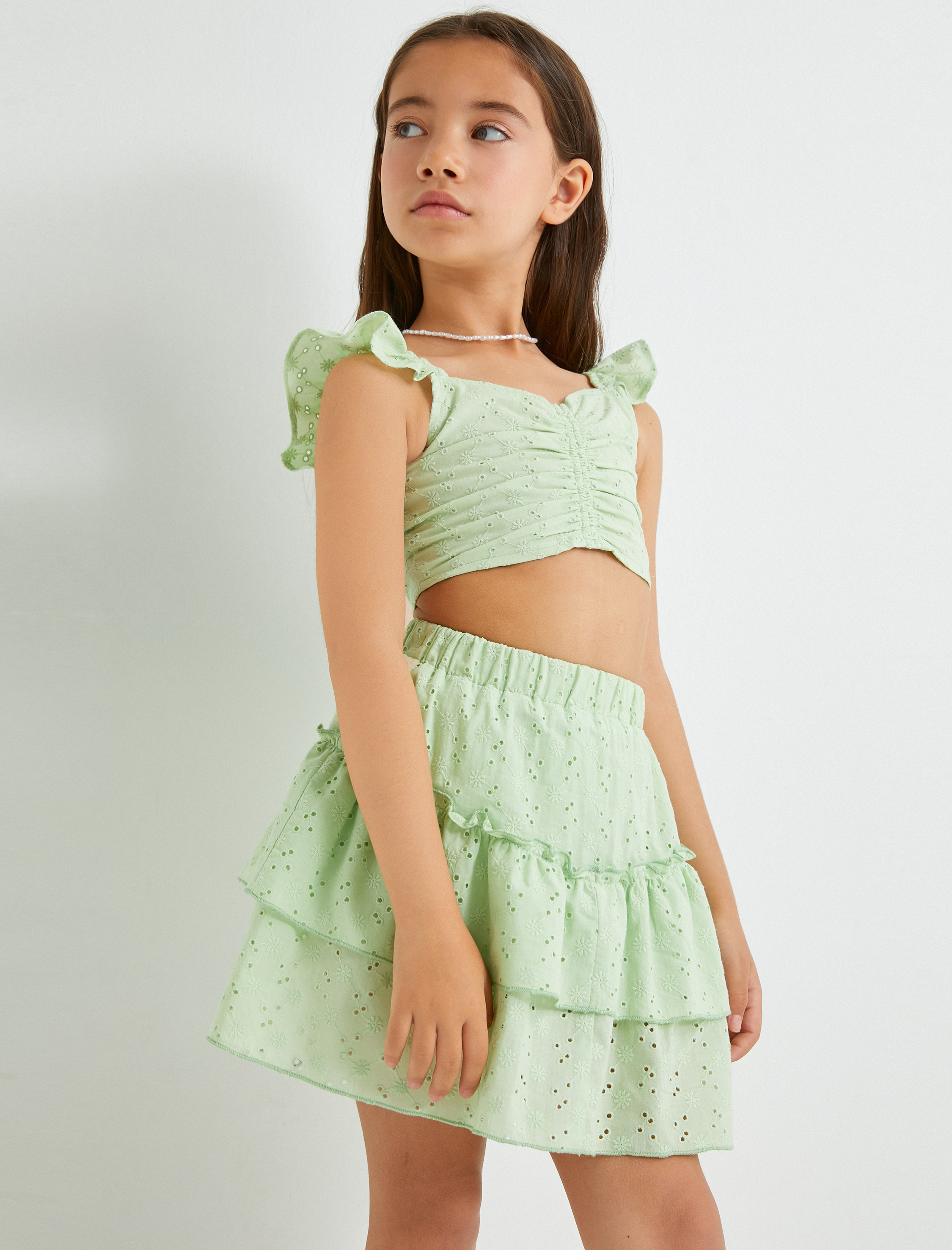  Kız Çocuk Fistolu Mini Etek Beli Lastikli Katlı