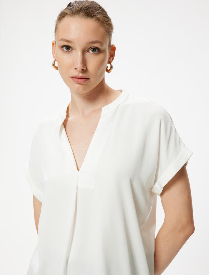  Viskon Kumaş Mandarin Yaka Bluz Kısa Kollu