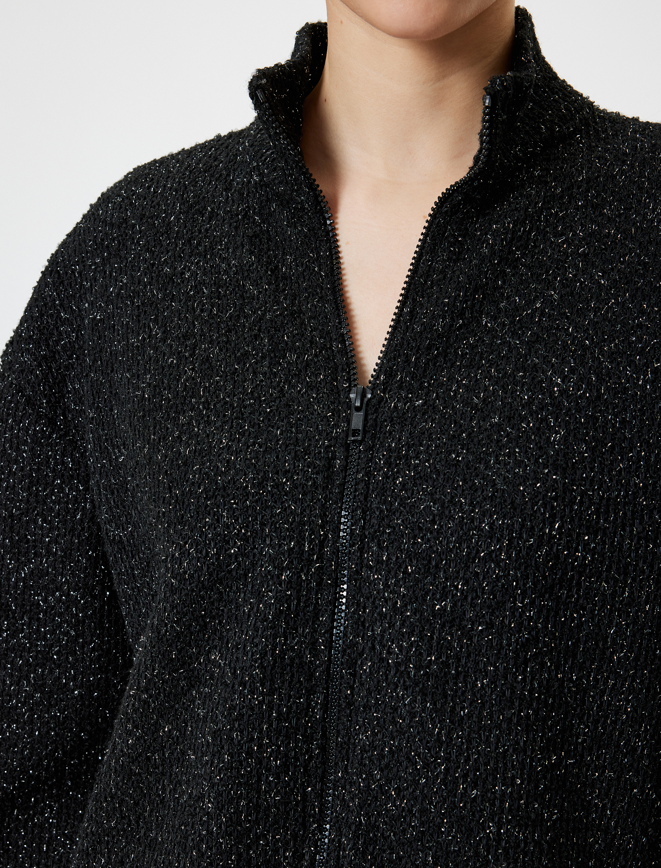   Bomber Hırka Simli Dik Yaka Fermuarlı Ribanalı