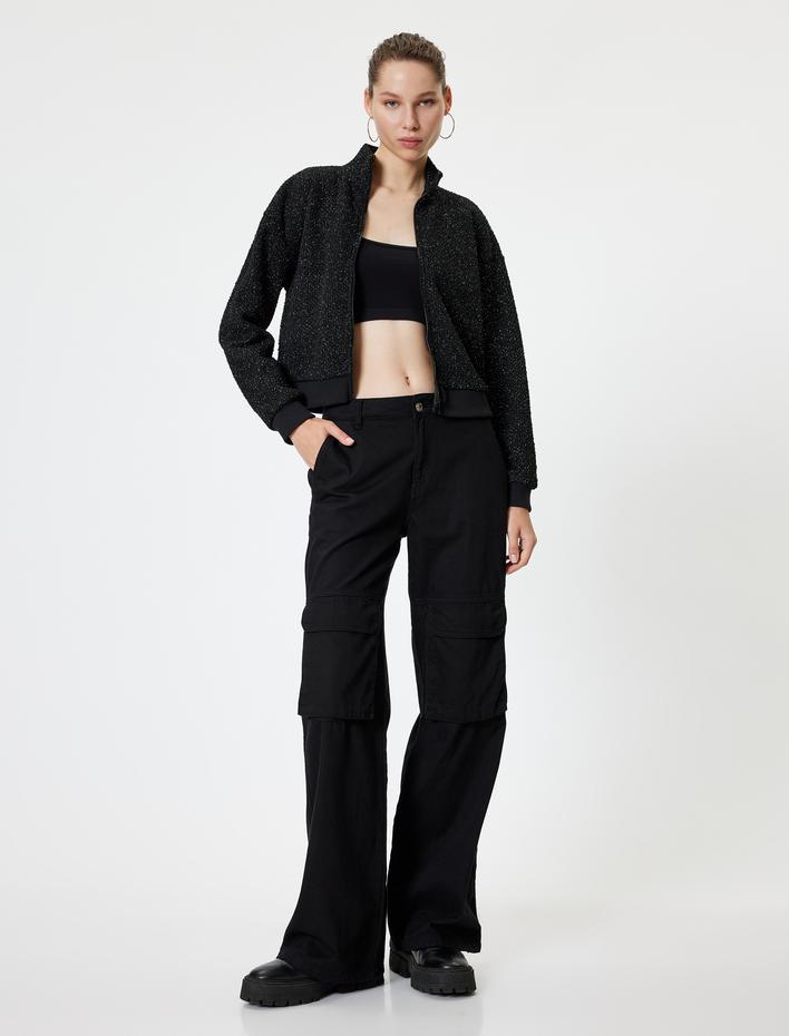  Bomber Hırka Simli Dik Yaka Fermuarlı Ribanalı