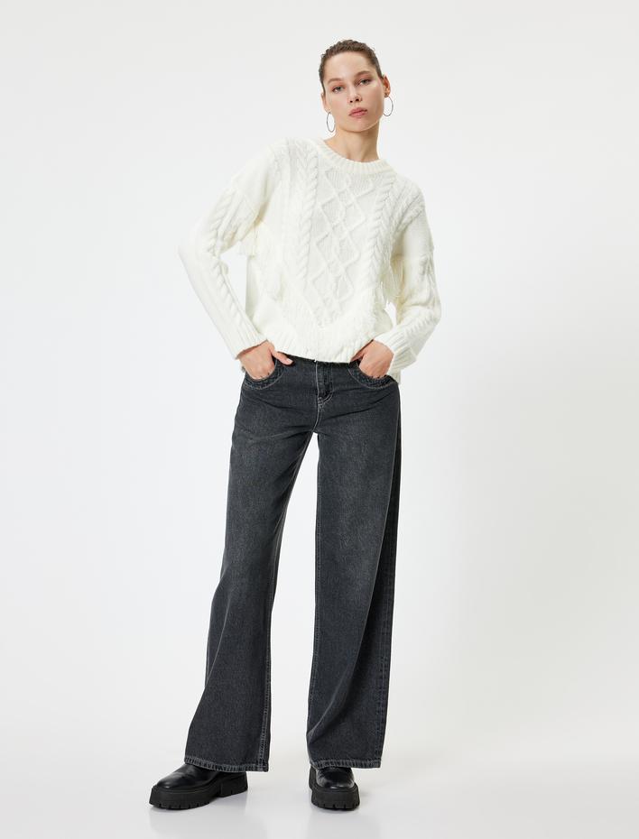  Bisiklet Yaka Triko Kazak Saç Örgü Dokulu Püsküllü Uzun Kollu