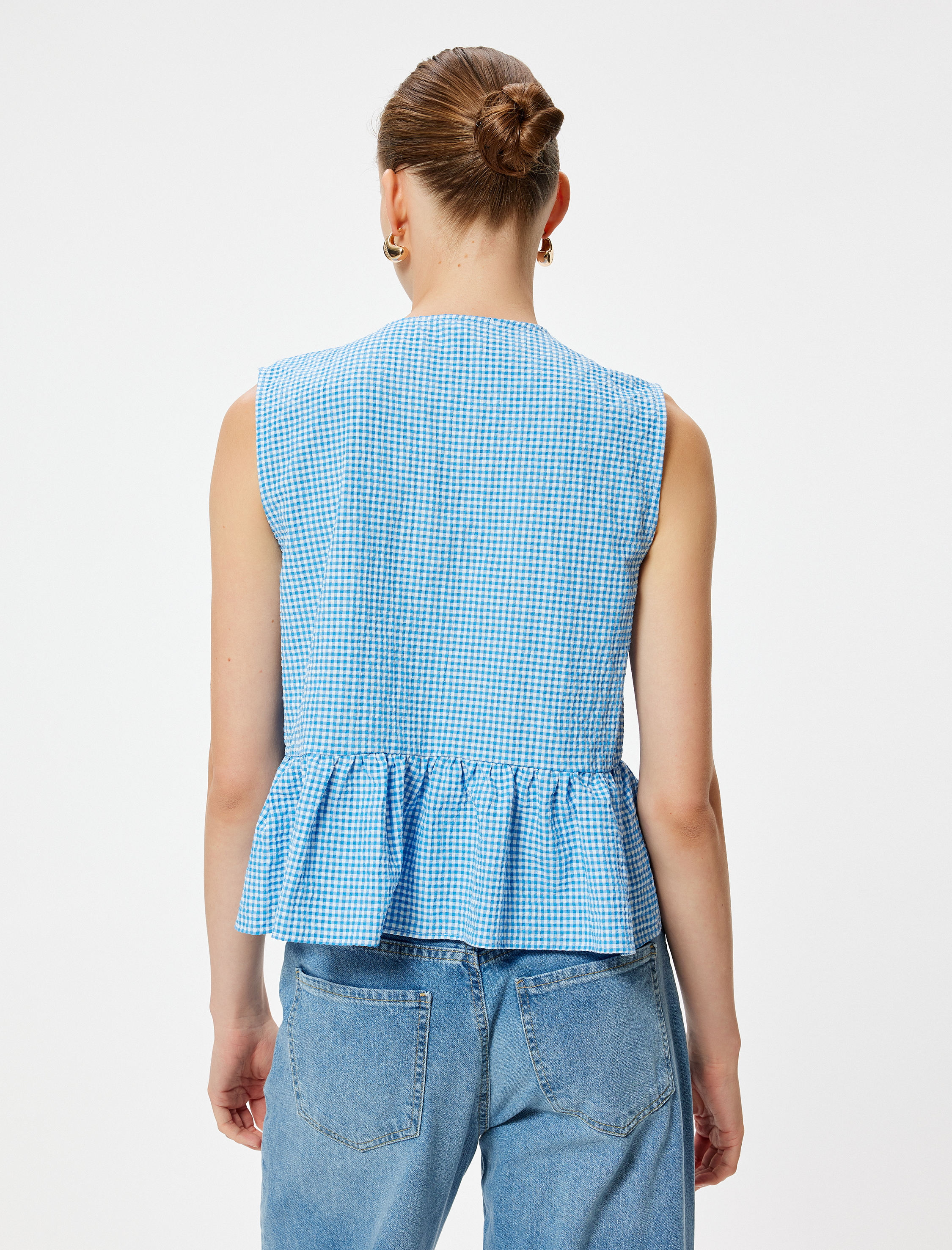   Fiyonk Detaylı Peplum Yelek Pötikareli